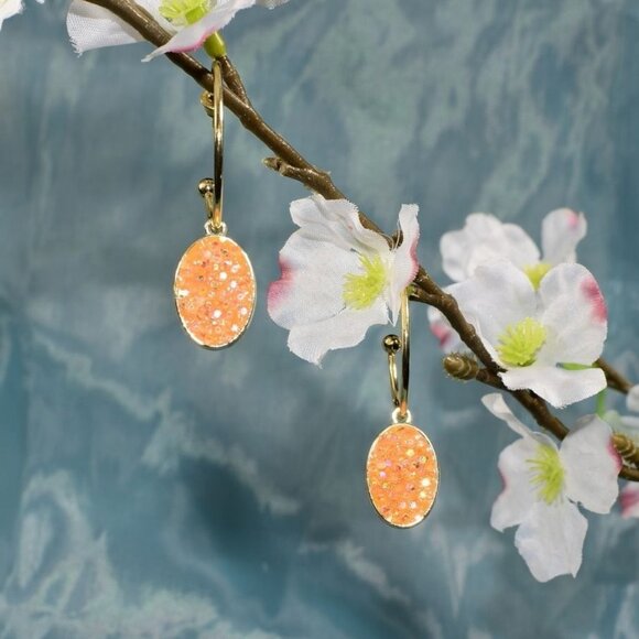 Peyton Sparkles Coral Orange Oval Sugar Crystal Drop Hoop Earrings Gift Packaged - Picture 4 of 9